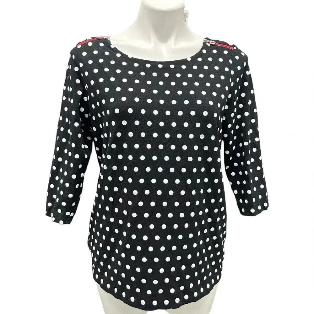 Thomas & Olivia 3 Quarter Sleeve Polka Dot Cotton Blend Pullover Top 80s Retro